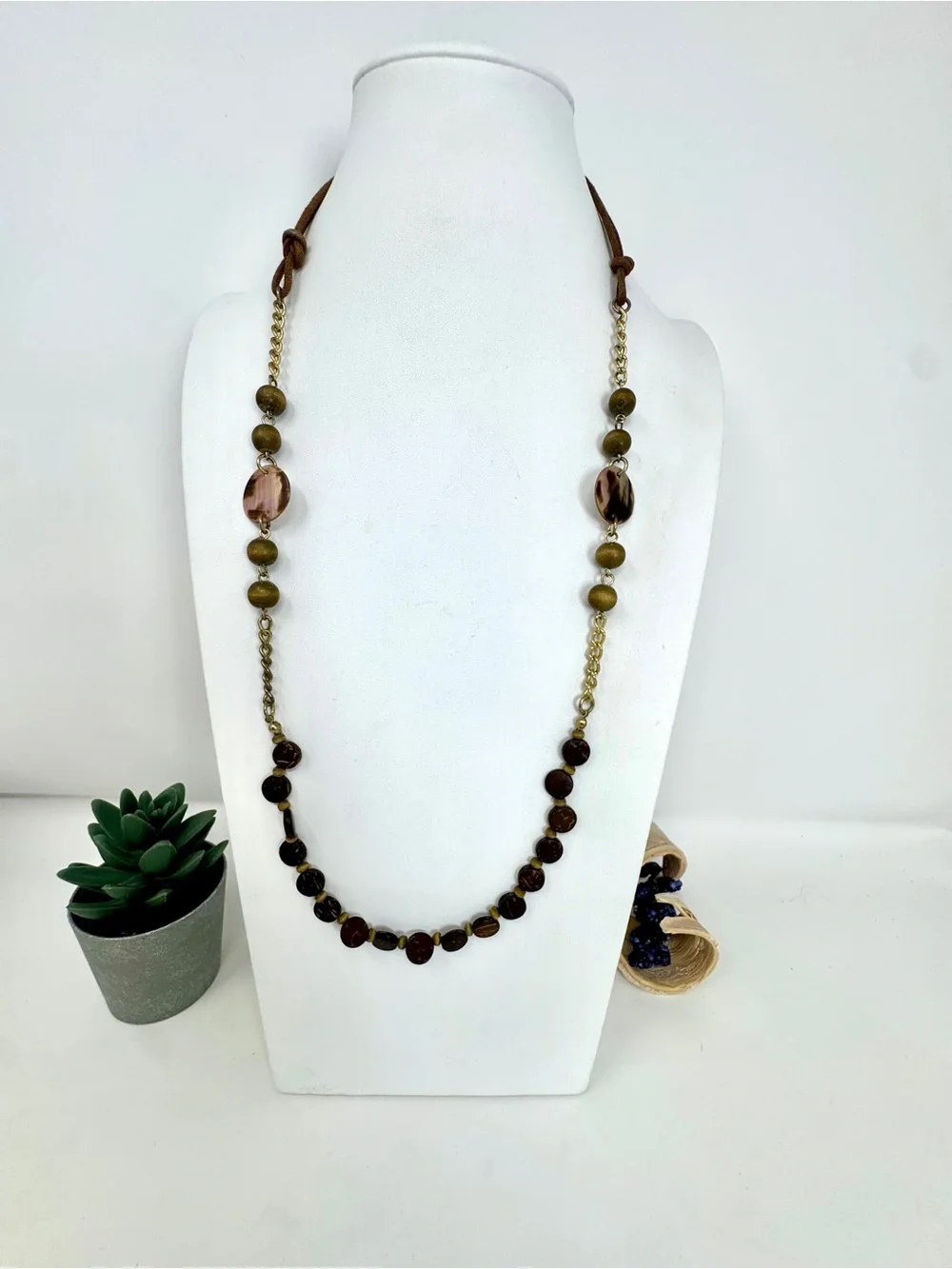 Bohemian Layered Long Statement Necklace Wood & Gold Tone Accents Earthy